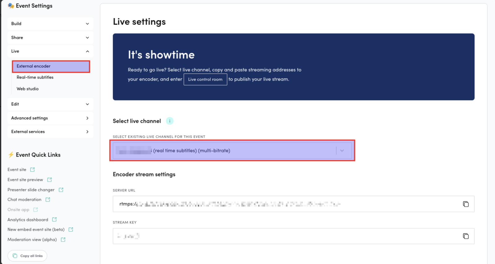 The External encoder page with the real-time subtitles live channel selected